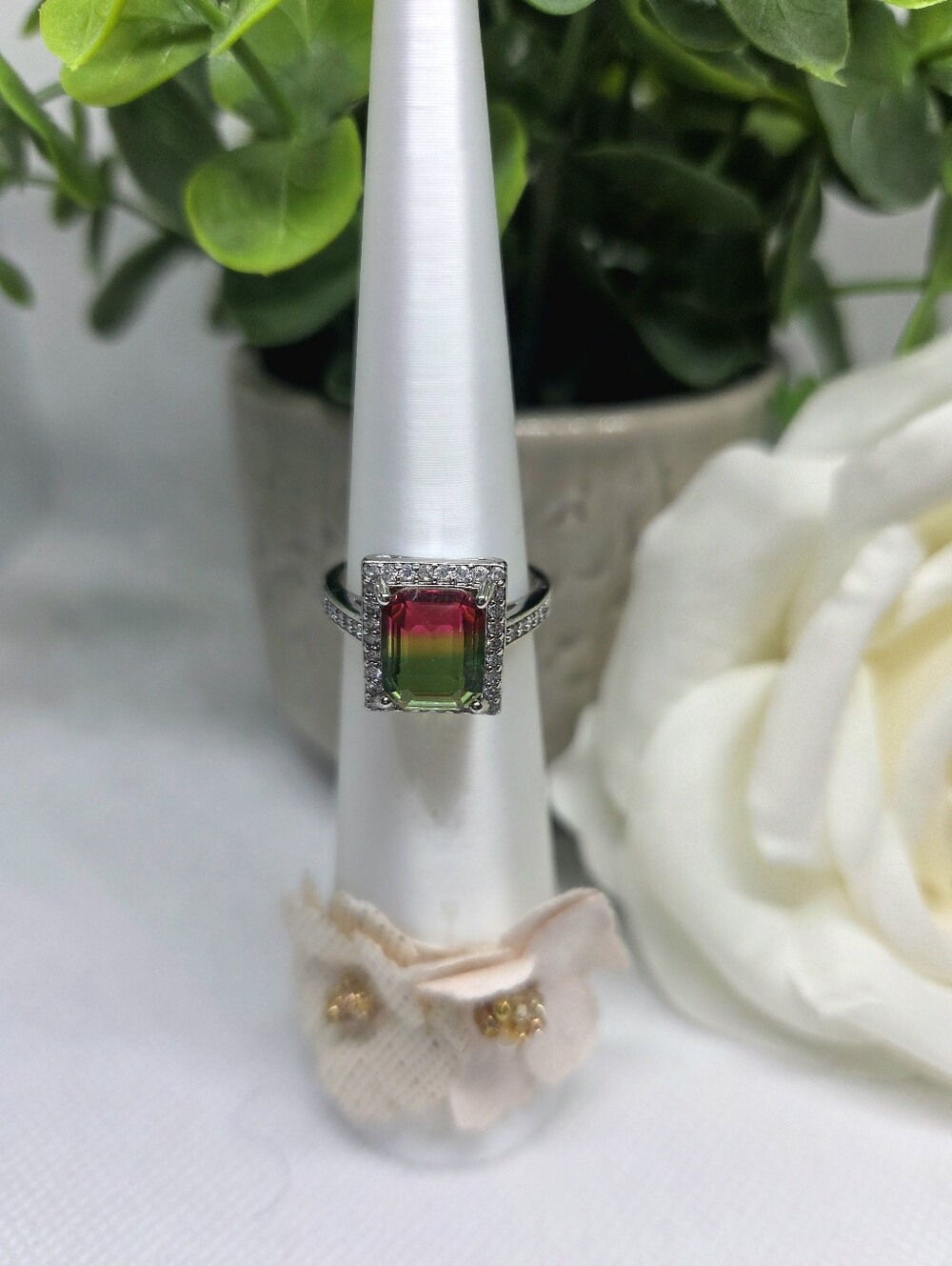 Sterling Silver Watermelon Tourmaline Halo Ring